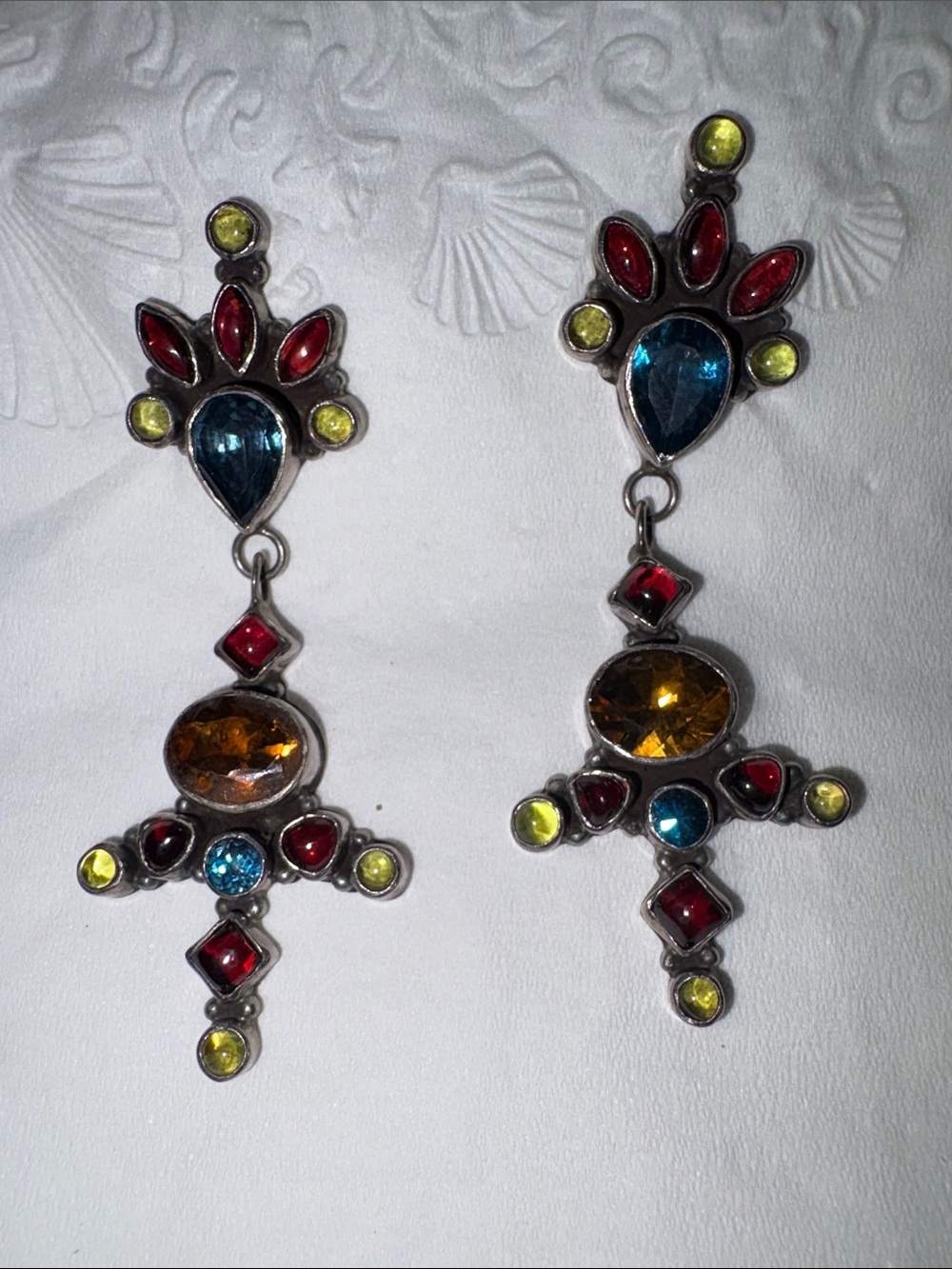 Multicolor 925 sterling Gemstone Drop Earrings - Vibrant Red, Blue & Yellow